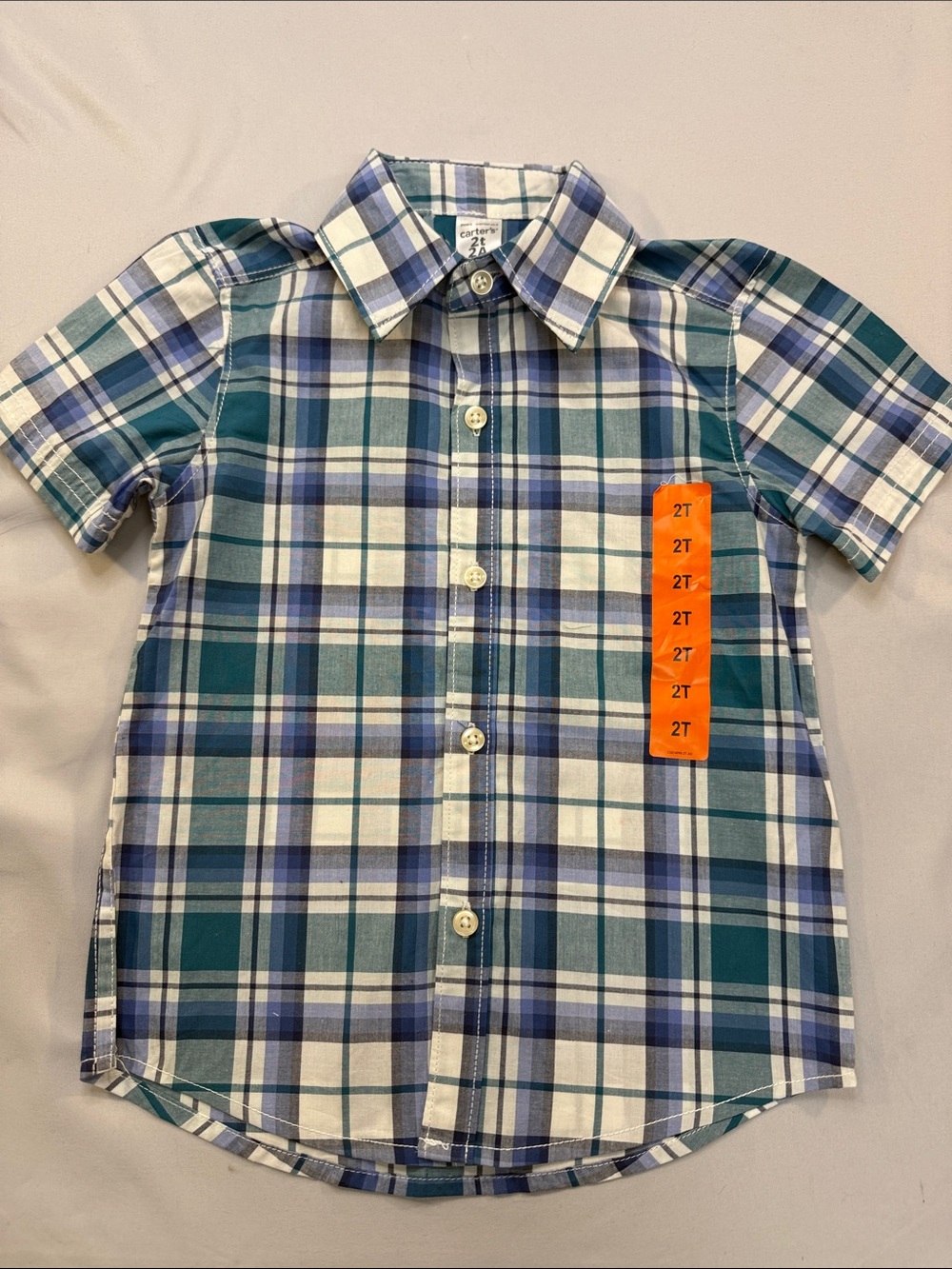 Carter's Blue, Green & White Plaid Short Sleeve Button-Down